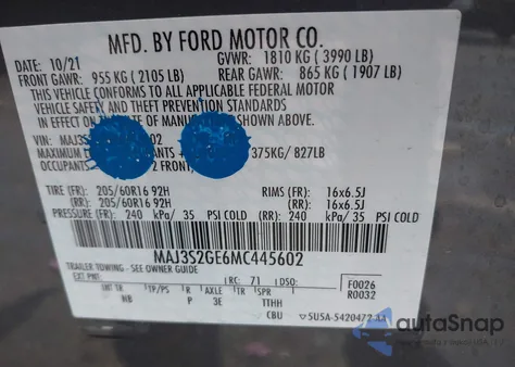 2021 Ford Ecosport Se z USA, uszkodzony, nr VIN MAJ3S2GE6MC445602